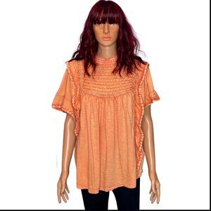 Free People Le Femme T-Shirt Pintuck Lace Ruffle Blouse Top Sz XL Tall